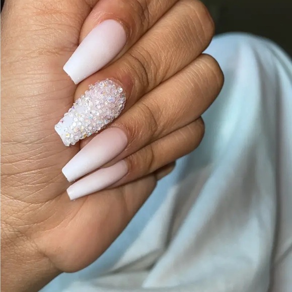 Baby Boomer Pink Gradient Press on Fake Nails Medium Coffin Bling Rhinestone - Picture 3 of 8